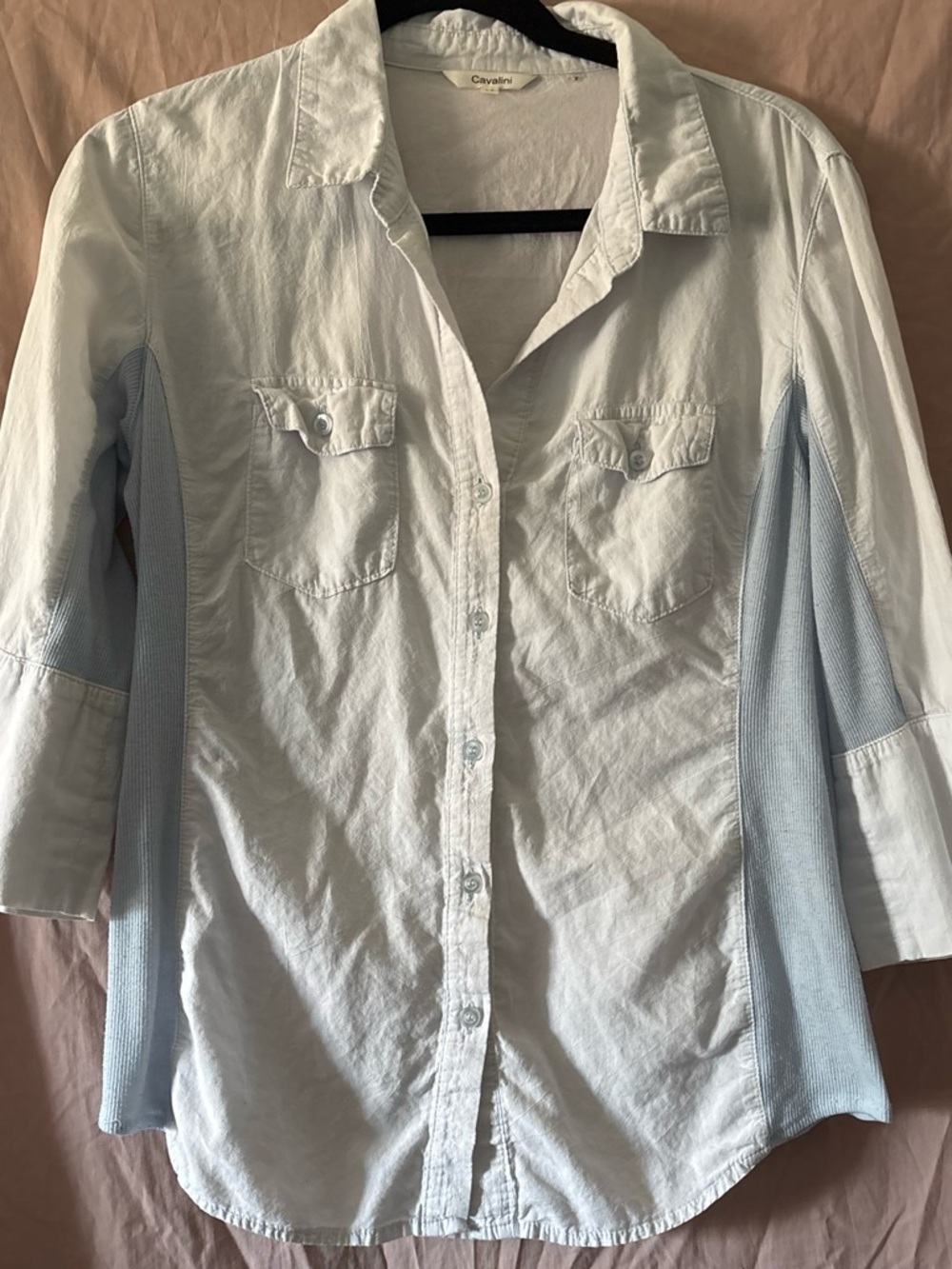 Cavalini White Button-Down Shirt with Pale Blue Side Panels